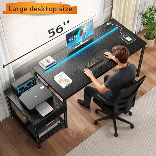 DurayLoly 56 Inch Gaming Desk with Drawers and Shelf,Reversible Computer Desk with LED Lights and Power Outlets,Study Table with Hooks for Headphone,Bags,Black Desk Work Desk for Bedroom,Dorm 6