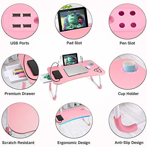 Slendor Lap Desk with Tablet Slot, Foldable Laptop Table with Storage Drawer for Bed，Portable Bed Desk for Laptop, Computer Tray with Cup Holder Notebook Stand Reading Holder for Couch Floor, Pink 5