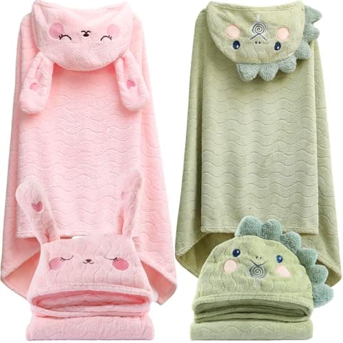 BEFACL Hooded Towel for Kids, 2 Pack Ultra Soft Coral Fleece Kids Bath Towels, Absorbent Toddler Towels with Hood Age 0-10 Years for Infant, Kids - Large 27.5 X 55 inch (Pink Rabbit & Green Dinosaur)