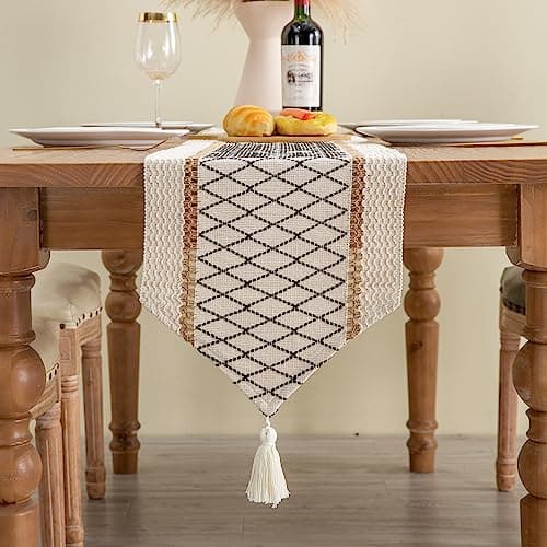 Mayler Yee Table Runner, Boho Style with Tassels, Cotton & Linen, Farmhouse Home Decor for Living Room Dresser Scarfs (12x72Inch, Black & Beige) 6