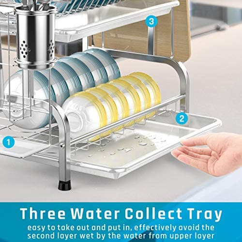 iSPECLE Dish Drying Rack - 304 Stainless Steel 2 Tier Dish Racks with Automatic Drainage for Kitchen Counter, Dish Drainer with Drainboard, Stainless Steel Utensil Holder, Cutting Board Holder, Silver 5