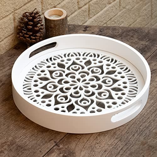 LINKOVE 12" Decorative Tray, Round Wood Tray for Home Decor, Small Wooden Serving Tray with Handles for Coffee Table Decor Centerpiece Ottoman Counter,White Circle Candle Perfume Tray Decor