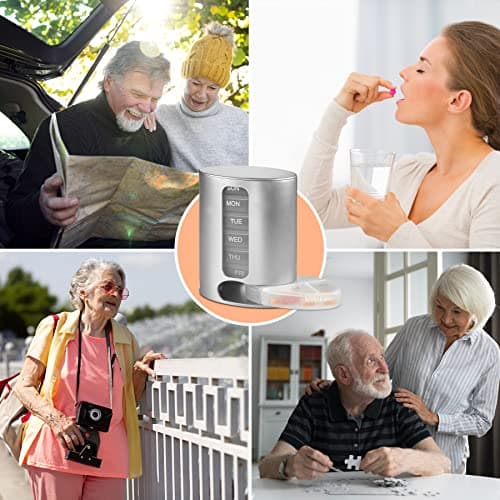 Stackable Daily Pill Organizer - Premium Weekly Medication Reminder with 7 Individual Stacking Cases - Weekly AM/PM Pill Box with 4 Times a Day, a Everyday Medicine Organizer for Vitamins, Silver 9