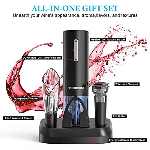 Moocoo Electric Wine Opener with Charging Base, Cordless Electric Wine Bottle Opener with 2-in-1 Aerator &Pourer, Foil Cutter, 2 Vacuum Preservation Stoppers, Display Charging Station for Easy Storage 6