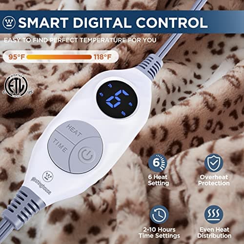 Westinghouse Heated Throw Blanket, Leopard Electric Throw Blanket, Luxury Faux Fur to Flannel Reversible, 6 Heating Levels & 2-10 Hours Time Setting, Machine Washable(Throw, 50"x60") 2