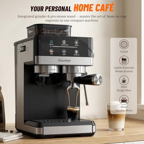 Hausmojo Espresso Machine with Grinder, 20Bar Expresso Coffee Machines with Milk Frother, Professional Compact Stainless Steel Coffee Maker for Espresso, Latte & Cappuccino, Perfect for Home Use 2
