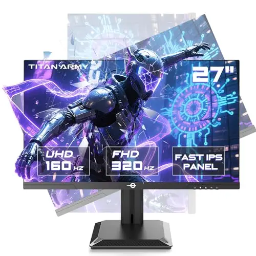 TITAN ARMY Gaming Monitor 27 Inch, 4K@160Hz, FHD@320Hz, Fast IPS 1ms HDR400, Adaptive-Sync, 135% sRGB, VESA, HDMI 2.1, DP 1.4, Swivel Tilt Height Pivot Adjustable, P2712V