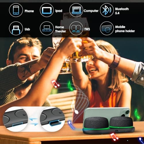 Dual Bluetooth Speaker Set with Magnetic Base & Phone Stand - TWS Stereo Sound, 10H Playtime, 3H with RGB Music Lights On- Bluetooth Wireless Speaker for Home Theater, Outdoor,TV Watching, Multi Room 5