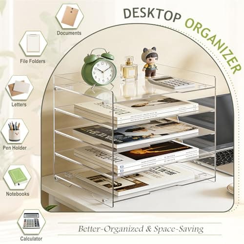 KKU 5 Tier Clear Acrylic Desk Organizer, Letter Tray Paper File Desk Organizer and Accessories For Office Supplies 5