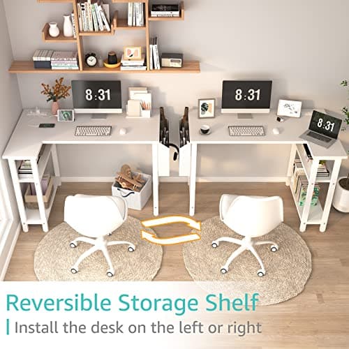 Lufeiya White L Shaped Computer Desk with Power Outlet Shelves, 40 Inch Small Reversible Corner Desk for Small Space Home Office, L-Shaped Desk PC Desks, White 5