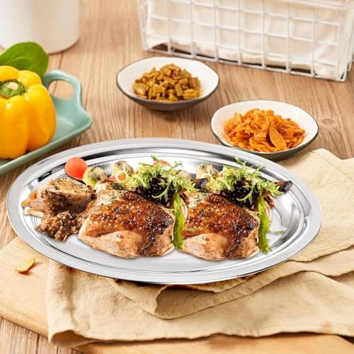 AKOLAFE 8PCS Large Stainless Steel Sizzle Platter Food Serving Trays for Party Buffet Oval Serving Platter Set Decorative Silver Plates Metal Tray Long Sizzler Plates for Sushi Appetizer Table Dish 7