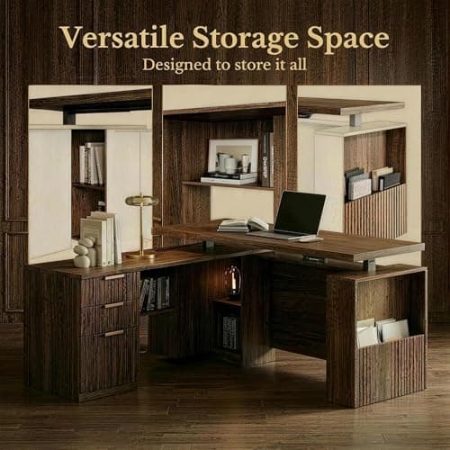 63 Inches L Shaped Standing Desk, Executive Standing Desk with Drawers and File Cabinet, AC/USB, 1.18" Desktop, Multi-sized Storage Cubby, Privacy Panel, Fluted Computer Desk, Black Walnut 7