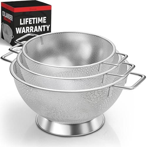 PriorityChef Premium Stainless Steel Colander for Kitchen, Durable Rice and Pasta Strainer with Handle, Rust-Resistant & Dishwasher Safe, 3/4/5 Qt