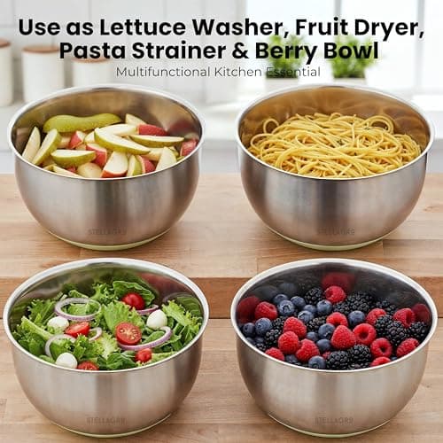 Stainless Steel Salad Spinner Large - Fruit and Vegetable Wash Bowl with Strainer - Lettuce Spinner, Fruit Cleaner, Collapsible Salad Dryer 5.3 Quart Capacity 6