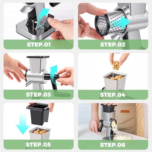 LHS Rotary Cheese Grater Stainless Steel Manual Cheese Shredder Grater Walnuts Grinder with 3 Interchangeable Drum Blades for Chocolate, Cheese and Nuts 7