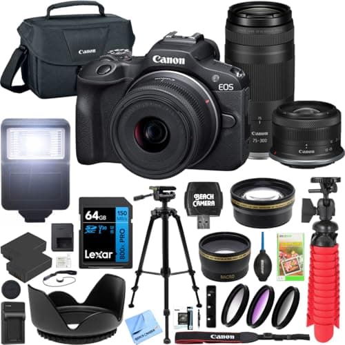 Canon EOS R100 Mirrorless Camera Double Zoom 2 Lens Kit RF-S 18-45mm and RF 75-300mm 6052C111 Bundle with Deco Gear Accessories Kit + 2 Battery +Tripod + Filters + Wide Angle & Telephoto Lenses &More