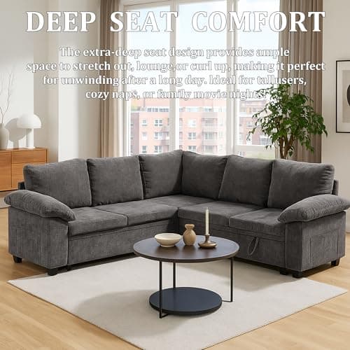 108 Inch Sectional Sleeper L Shaped Sofa with Pull Out Bed, Modular Sectional Sofa with Storage, Modern Chenille Cloud Couch, Sectional Couches for Living Room (Gray, 5 Seater Sleeper Sofa) 7