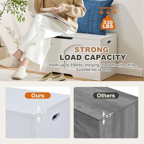 oakvivo 39.4" Storage Chest, Wooden Storage Bench Trunk, Upgraded Safety Lift Support Hinge, Large Entryway Bench Box, Supports 330 lb U-Shaped Opening for Entryway, Hallway, Living Room, Ivory White 5