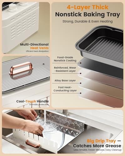 XHJ 4-in-1 Electric Indoor Grill Smokeless for Home,Countertop Electric Grill with Removable Sizzling Grill Pan & Grate + Auto Rotating Kabob Skewers + Electric Hot Dog Roller Dual Zone Cook with Lid 7