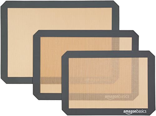 Amazon Basics Rectangular Non-Stick Silicone Baking Mat, Food Safe, Heat Resistant, 9"x13", 9.9"x14.8", and 16.5"x11.6", Beige/Gray, Pack of 3
