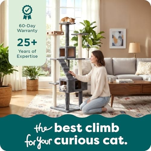 FurHaven 69.3" Tall Cat Scratching Post Tower for Indoor Cats, Sisal Cat Tree with 2 Condos, Tiger Tough Double Decker Playground, Toys & Perches for Cats, Sisal, Silver Gray 8