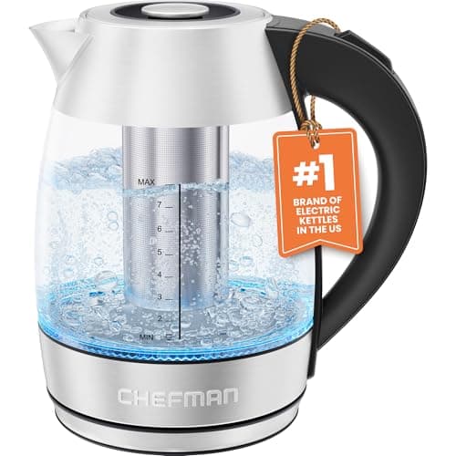 Chefman Electric Kettle for Boiling Water, 1.8L 1500W, Removable Tea Infuser, Auto Shut Off, Boil-Dry Protection, BPA Free, Borosilicate Glass, Hot Water Boiler, Electric Tea Kettle - Stainless Steel