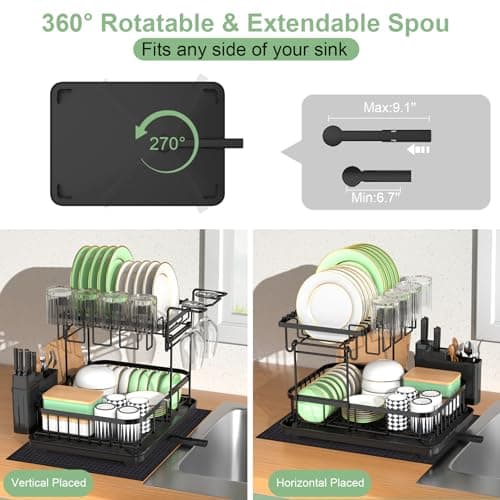 Loftiage Dish Drying Rack and Drainboard Set, Large Dish Racks for Kitchen Counter, 2 Tier Dish Strainers, Black Dish Drainer with Utensils, Pot, Knives, Cutting Board Holders and Drying Mat 5