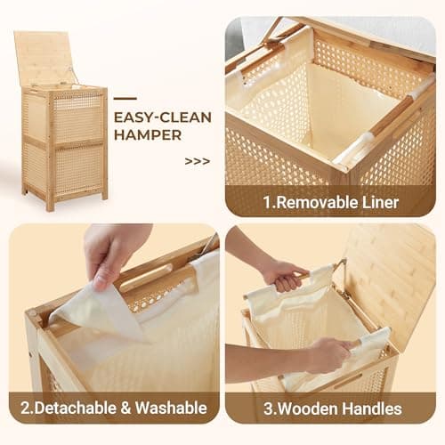 TIOPGHAD Bamboo-Laundry-Hamper-Wicker-Basket-with-lid Large Wood Laundry Hampers Basket Bin Storage Organizer for Dirty Clothes, Laundry Room, Bathroom, Bedroom, Living Room, Home Decor(13Gallon/50L) 7