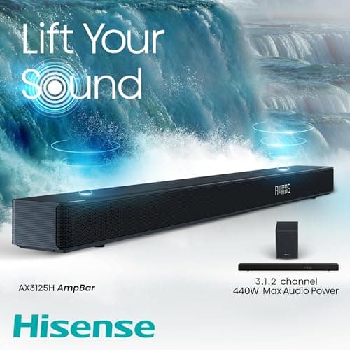 Hisense AX3125H 3.1.2Ch Sound Bar with Wireless Subwoofer, 440W, Dolby Atmos, Bluetooth 5.3, EzPlay, 4K HDMI Pass Through, Roku TV Ready, DTS:X, HDMI/AUX/ARC/Optical/USB, 7 EQ Modes 12