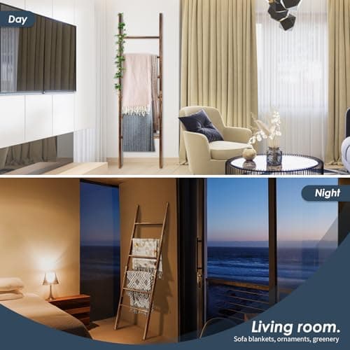 6-Tier Blanket Ladder Wooden, 5.7FT(66.5'') Blanket Quilt Towel Holder Rack Decorative Ladder, Easy Assembly, Rustic Farmhouse Ladder Shelf for The Living Room Bedroom Bathroom Home Decor, Brown 5