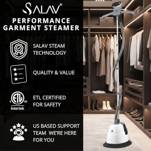 SALAV® Standing Steamer with Garment Hanger, 1.3L Water Tank for 1 Hour Continuous Steaming, Heats in 45 Seconds, Double-Insulated Steam Hose (Black, Garment Steamer) 6