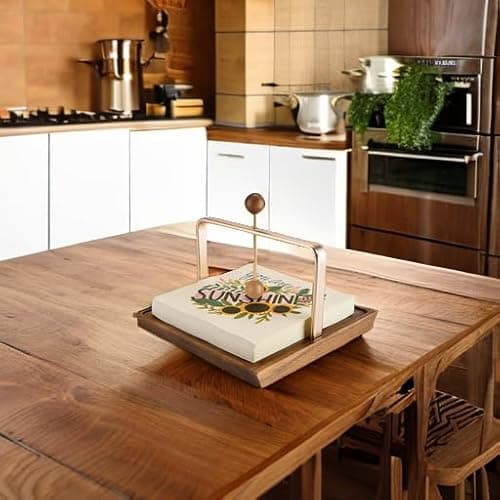 Wood Napkin Holder for Table, Square Tabletop Napkin Dispenser with Sophisticatedly Metal Center Bar, Cocktail Napkin Holder for Home, Kitchen, Office, Restaurant, Hotel, Cafe, Bar 5