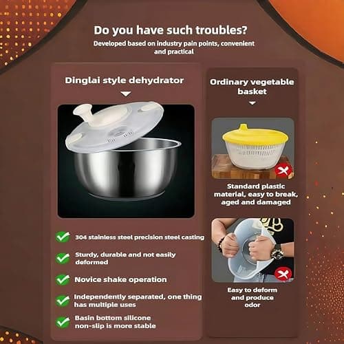 6L Stainless Steel Salad Spinner, Vegetable Spinner, Lettuce Spinner, Fruit Washer, Quick Spin Commercial Salad Spinner for Household Vegetables and Pasta Fries Spinner Essential Kitchen Utensils 5