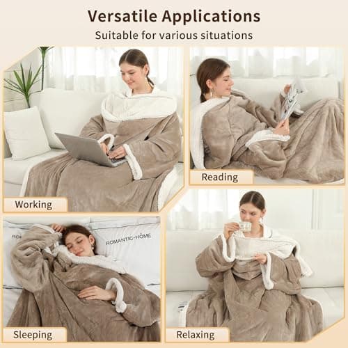 ESTINGO Wearable Electric Throw Heated Blanket, Heated Electric Blanket with Foot Pocket, 6 Heating Levels and 1-4H Auto Off, Heated Hoodie Women for Mom Grandma 50"×70" Light Beige 5