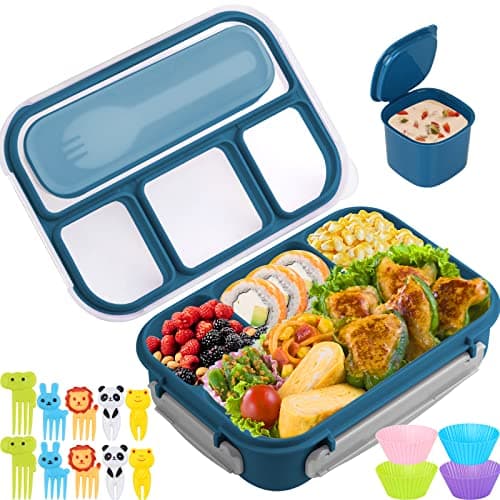 Yumuk Bento Box, Lunch Box Kids, 1300ML Adult with 4 Compartment &Food Picks &Cake Cups, Containers for Adults/Kids/Toddler, Leak-Proof, Microwave/Dishwasher/Freezer Safe(Blue)