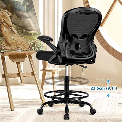 Winrise Drafting Chair, Tall Office Chair Ergonomic Standing Desk Chair, Lumbar Support Computer Chair Swivel Task Rolling Chair with Adjustable Flip-up Armrests & Foot Ring (Black) 6
