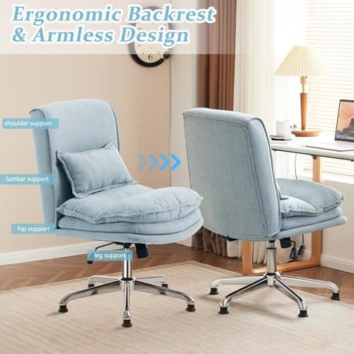 VINGLI Cloud Criss Cross Legged Chair,18" High Back Armless Home Office Desk Chair no Wheel,Wide Adjustable Comfy Padded Seat Task Computer Chair,Modern Swivel Makeup Vanity Chair,Fabric,Blue 7