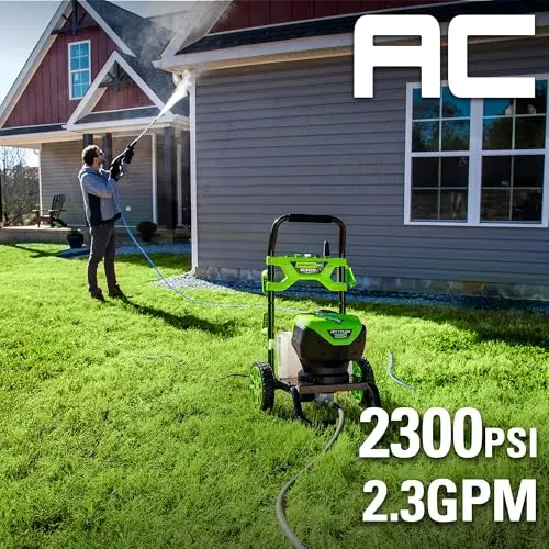 Greenworks 2300 PSI TruBrushless (2.3 GPM) Electric Pressure Washer, 25’ Hose, Quick Connect Wand, 15, 24, 40 Degree Soap and Turbo Nozzle 12