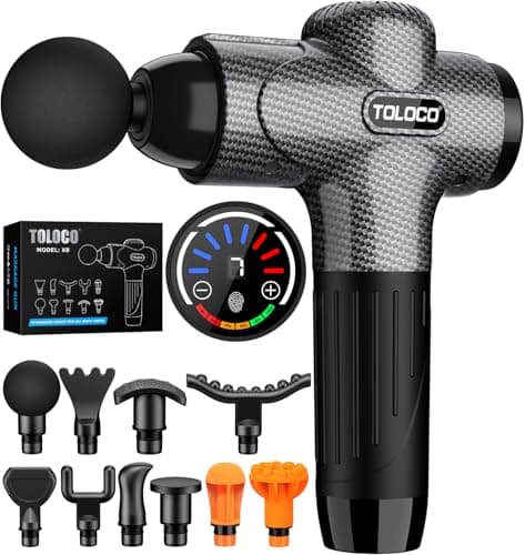 TOLOCO Massage Gun, Upgrade Deep Tissue Back Massager with 10 Replacement Heads, Percussion Massage Guns for Athletes for Pain Relief, Super Quiet Electric Massager for Valentine Gift, Carbon