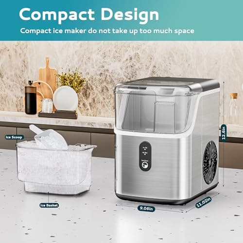 EUHOMY Nugget Ice Makers for Countertop with Ice Scoop & Basket, Self-Cleaning Sonic Pebble/Pellet Ice Maker Machine with 35lbs/24H Soft Ice for Home/Kitchen/Office, Stainless Steel, Silver 7