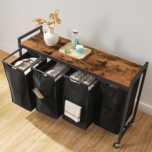 HOOBRO Laundry Sorter 4 Sections, Laundry Hamper with Wheels, 4 × 10.5 Gal (40 L), Rolling Laundry Basket, Pull-Out and Removable Oxford Fabric Bags, Rustic Brown and Black BF04XY01 6