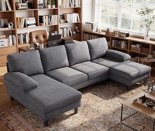 LINSY HOME Sectional Couch, 111'' W Corduroy U Shaped Sofa with Sleepable Armrests, 4 Seat Couch with Double Chaises, Deep Sofa for Living Room, Grey