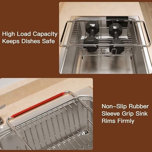 Over the Sink Expandable Dish Drainer Drying Rack In Stainless Steel for Small Kitchen, Counter Space Saving Modern Compact Metal Above Plate Dryer Strainer, Adjustable Hanging Inside Drain Holder 7