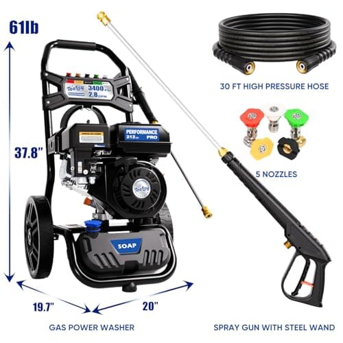 TOOLCY Gas Pressure Washer 3400 PSI 2.8 GPM, 212cc Engine Gas Powered Washer with Enhanced Pump, 30FT Pressure Washer Hose, Soap Tank, Pressure Gun & 5 Tips for Cars/Driveways/Homes/Patios 8
