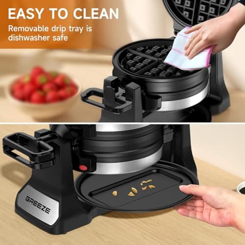 Waffle Maker, Double Belgian Waffle Maker 180°Flip, 1400W Waffle Iron 8 Slices, Rotating & Nonstick Plates with Removable Drip Tray for Easy Clean, Stainless Steel, Locking Buckle & Cool Touch Handle 7