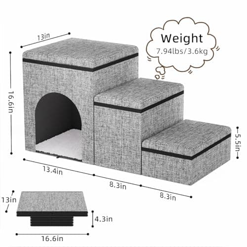 MWHRE Dog Stairs with Storage, 3-Step Wider Dog Steps with Condo for Dogs and Cats, Pet Stairs for High Bed Climbing, Grey 5