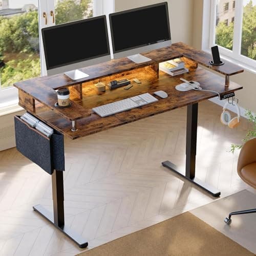 Bestier LED Electric Standing Desk Adjustable Height, 58x26 Inch Large Sit Stand Desk with Monitor Stand, Ergonomic Rising Desk for Home Office Workstation, Headphone Hook Storage Bag Brown