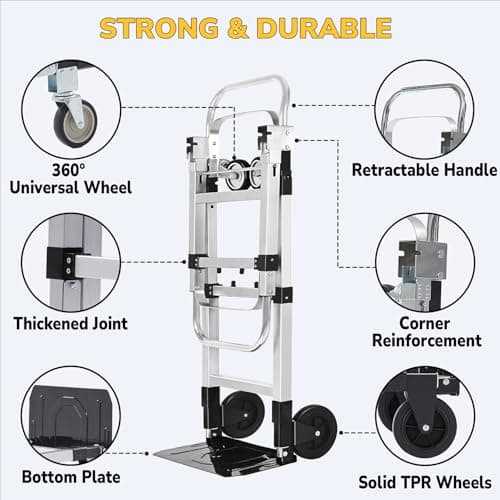 Upgraded 3 in 1 Aluminum Folding Hand Truck, 600lbs Capacity, Heavy Duty Convertible Dolly with Retractable Handle and 4 Rubber Wheels, Collapsible Cart for Moving Home, Office, Warehouse (Black) 5