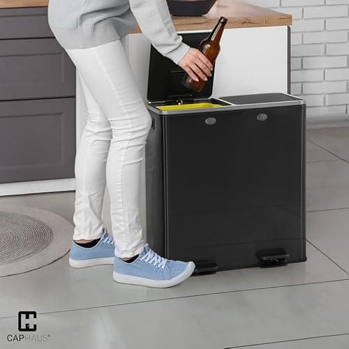 CAPHAUS Black Dual Trash Can w/Double Lid, Trash & Recycle Bins Combo, Hands-Free Stainless-Steel Garbage Can for Kitchen, with 2 Compartment, Hinged Lid, Odor Filters, Handles, 25L+25L, 2 x 6.6 Gal 9