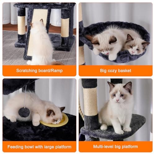 Heybly Tall Cat Tree, 78-inch Multi-Level Cat Tower for Indoor Cats, 2 Widened Plush Perches Cat Condo with Scratching Board and Big Caves, Smoky Gray HCT033G 8